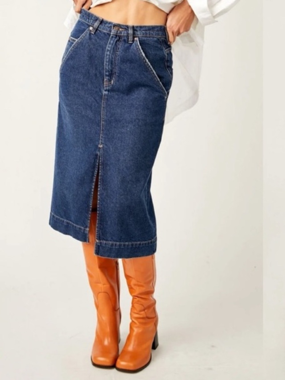 We The Free Wild Roses MIDI Denim Skirt Dark Indigo